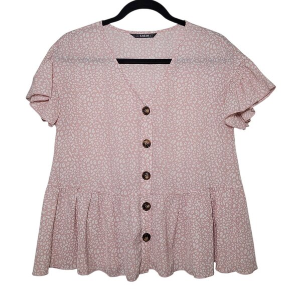 SHEIN Tops - SHEIN Pink Animal Print Flutter Sleeve Peplum Blouse Size Small Coquette